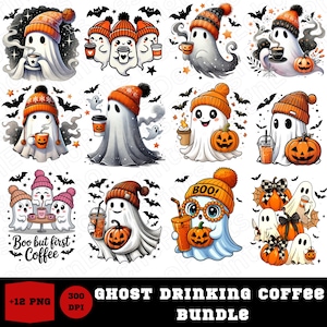 May include: A collection of Halloween-themed illustrations featuring cartoon ghosts wearing orange beanies and holding coffee cups or pumpkin-shaped mugs. Bats and pumpkins are also included in the designs. The text "Boo but first coffee" is also present.
