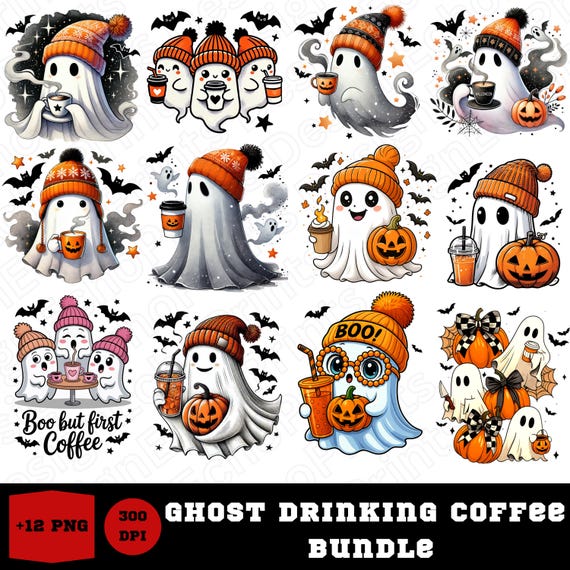 Ghost Coffee PNG Bundle: Spooky Halloween Designs (Digital Download)