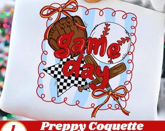 Preppy Coquette Baseball Game Day PNG, Sublimation Design