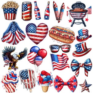 Puede incluir: Una colecci&oacute;n de ilustraciones patri&oacute;ticas con banderas americanas, fuegos artificiales y alimentos. Incluye un dise&ntilde;o en forma de coraz&oacute;n, gafas de sol, un perrito caliente y un &aacute;guila calva. La paleta de colores es roja, blanca y azul.