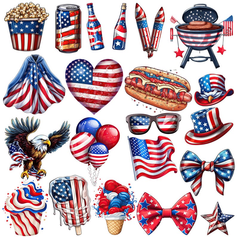 Puede incluir: Una colecci&oacute;n de ilustraciones patri&oacute;ticas con banderas americanas, fuegos artificiales y alimentos. Incluye un dise&ntilde;o en forma de coraz&oacute;n, gafas de sol, un perrito caliente y un &aacute;guila calva. La paleta de colores es roja, blanca y azul.