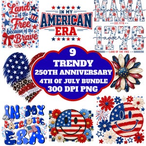 Trendy 250th Anniversary 4th of July PNG Bundle, Retro American Era PNG, Boho Floral USA Sublimation, Patriotic Mama, Smiley Face, 1776-2026