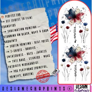 K&ouml;nnte beinhalten: Ein patriotisches Design mit roten, wei&szlig;en und blauen Blumenillustrationen, dem Wort "america" und dem Text "faith freedom & pride". Geeignet f&uuml;r DTF-Transfers, Sublimationsdruck und Siebdruck auf Kleidungsst&uuml;cken und Merchandise.