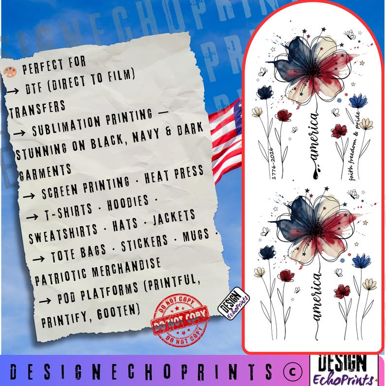 K&ouml;nnte beinhalten: Ein patriotisches Design mit roten, wei&szlig;en und blauen Blumenillustrationen, dem Wort "america" und dem Text "faith freedom & pride". Geeignet f&uuml;r DTF-Transfers, Sublimationsdruck und Siebdruck auf Kleidungsst&uuml;cken und Merchandise.