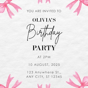 Pink Bow Birthday Invitation - Editable Canva Template | Digital Download | Girly Party Invite