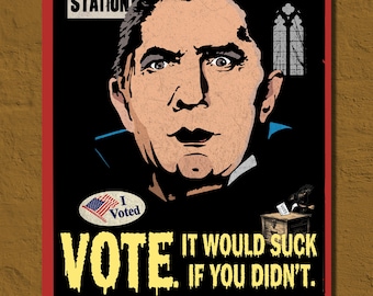 Lienzo decorativo de Drácula con la palabra "Vota" – Decoración de terror para elecciones