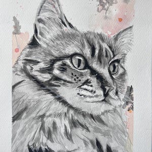 Aquarelle élégante de chat en noir et blanc : portrait de félin gracieux pour une décoration intérieure moderne