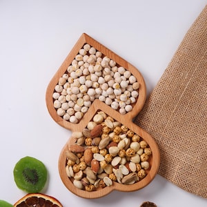 Divided Sectional Wooden Platter - Heart Shaped Snack Bowl, Nuts Tray - Ideal for Portion Control, Serving Nuts and Appetizers