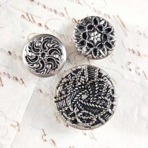 Antique Twinkle Mirror-Back Buttons - Antique Silver Round Buttons, Three Designs, Metal Shank Buttons (3 Pcs)