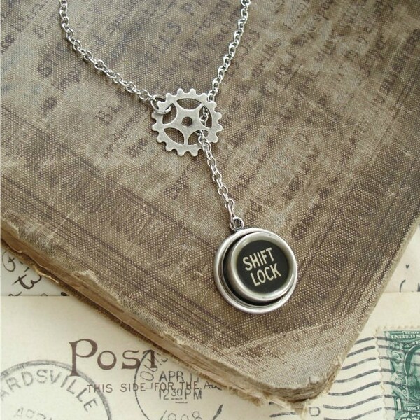 Typewriter Key Jewelry - Black SHIFT LOCK Vintage Typewriter Key Necklace. Silver Lariat Necklace. Industrial Chic Steampunk Gear Jewelry.