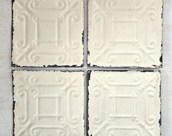 4 Antique Tin Ceiling Tiles, 6" x 6" Squares, Cream Chippy Paint, Vintage Rusty Architectural Salvage