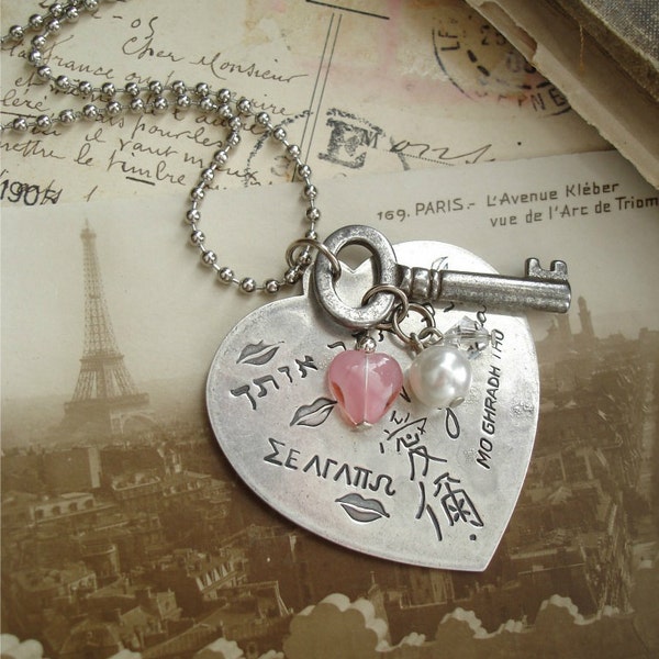 LANGUAGE of LOVE - Antique Skeleton Key Necklace. Vintage Key and Heart Necklace in Silver, Pink, Crystal, Pearl. Romantic Upcycled Jewelry.