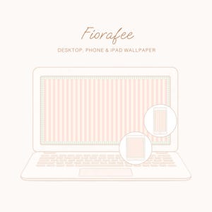 Puede incluir: Una ilustración digital de un portátil, un teléfono y una tableta, todos mostrando un fondo de pantalla a rayas rosas y blancas. El texto "Fiorafee" está encima del texto "DESKTOP, PHONE & IPAD WALLPAPER".