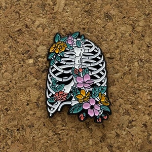 Ribs with Flowers Enamel Pin - Floral Skeleton Design