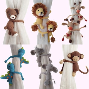 Animal Curtain Tie Back, Dobby, Lion, Elephant, Monkey, Giraffe, Safari Themed Nursery, HP Themed Nursery Decor, Amigurumi Baby Shower Gift