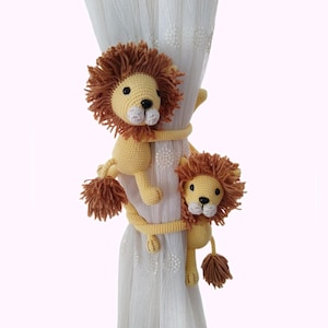 Crochet Yellow Lion Curtain Tie Back Holder, Elephant, Monkey, Giraffe, Deer Safari Themed Nursery Curtain Decor, Amigurumi Baby Shower Gift