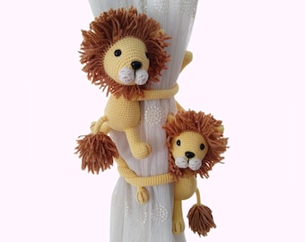 Crochet Yellow Lion Curtain Tie Back Holder, Elephant, Monkey, Giraffe, Deer Safari Themed Nursery Curtain Decor, Amigurumi Baby Shower Gift