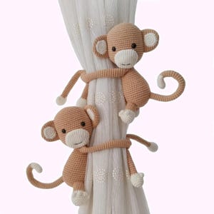 Beige Monkey Curtain Tie Back Holder Elephant Reindeer Giraffe Safari Themed Nursery Curtain Decor Amigurumi Personalizable Baby Shower Gift