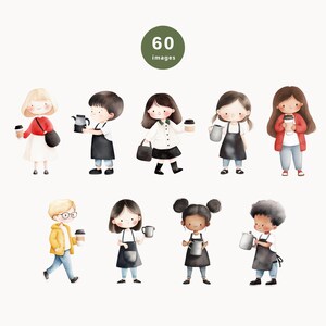 May include: Watercolor illustration of eight cartoon characters, some holding coffee cups and others holding coffee pots. The characters are wearing different outfits, including aprons, dresses, and shirts. The background is white.