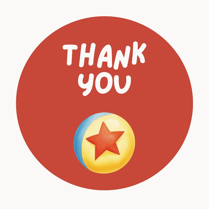 May include: Red circle with the text "THANK YOU" in white. A yellow ball with a blue stripe and a red star is in the center of the circle.
