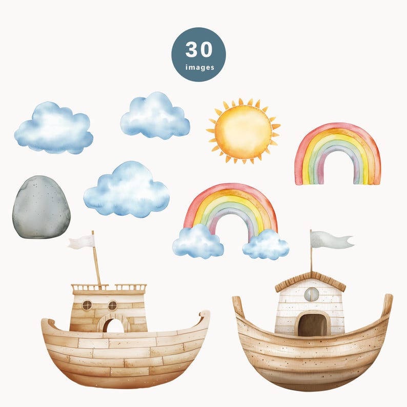 May include: A set of 30 watercolor illustrations featuring a sun, clouds, rainbows, rocks, and two wooden boats. The illustrations are perfect for creating digital or printed designs.