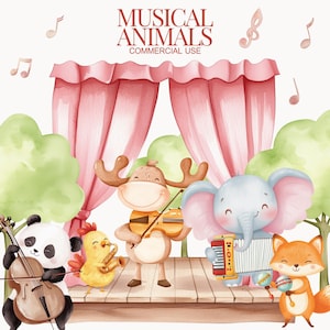 Lindos animales musicales, imágenes prediseñadas, animales del bosque, safari musical, imágenes prediseñadas de músico de banda, animales del bosque, notas musicales en formato PNG, cumpleaños, decoración de guardería