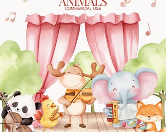 Cute Musical Animals Clipart, Woodland animals, Musical Safari, Band Player Clipart, forest animals, Music Notes Png, Birthday,Nursery Decor