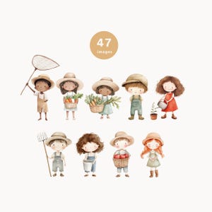 Puede incluir: Un conjunto de nueve ilustraciones de acuarela de ni&ntilde;os vestidos de granjeros. Los ni&ntilde;os llevan sombreros de paja y monos. Sostienen varios art&iacute;culos relacionados con la granja, como cestas de verduras, rastrillos y regaderas. Las ilustraciones est&aacute;n sobre un fondo blanco.