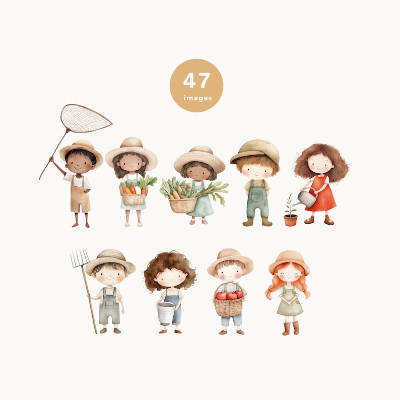 Puede incluir: Un conjunto de nueve ilustraciones de acuarela de ni&ntilde;os vestidos de granjeros. Los ni&ntilde;os llevan sombreros de paja y monos. Sostienen varios art&iacute;culos relacionados con la granja, como cestas de verduras, rastrillos y regaderas. Las ilustraciones est&aacute;n sobre un fondo blanco.