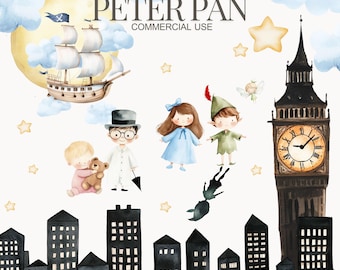 Peter Pan Watercolor Clipart, Fairy Tale Clip Art, Cute Tinkerbell, Neverland Clipart Night Sky Party  Watercolor ,Nursery clipart,Peter Pan