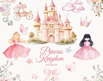 Princess kingdom  - Baby girl watercolor , little princess clipart, nursery clipart, fairy kingdom, magical castle PNG princess birthday