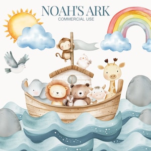 Niedliche Arche Noah Aquarell Clip Art, Kinderzimmer Dekor, neutrale ClipArt, Bibel Clipart, Baby Tiere, süße Tiere, Arche Noah, Kinderzimmer Clipart