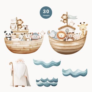 May include: A set of 30 digital illustrations featuring a Noah's Ark with various animals, including a lion, zebra, giraffe, hippopotamus, and monkey. The ark is made of wood and has a brown and beige color scheme. The animals are all smiling and looking happy. There are also two blue waves in the image.