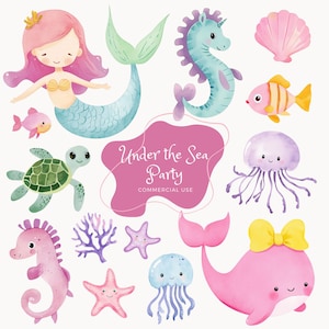 Sous la mer, fête sirène mignonne aquarelle, sous la mer océan animaux Clipart anniversaire sirène aquarelle chambre de petite sirènes