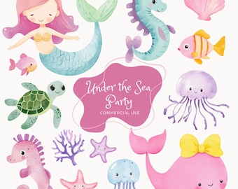 May include: A set of watercolor illustrations featuring under the sea creatures, including a mermaid, a seahorse, a turtle, a jellyfish, a whale, and a starfish. The illustrations are perfect for creating invitations, party decorations, or other craft projects. The text "Under the Sea Party" is included in the image.