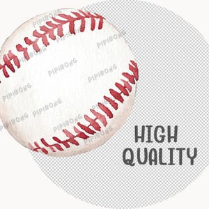 Op de afbeelding: Een witte honkbal met rode naden. De honkbal bevindt zich op een witte achtergrond met een transparante overlay. De tekst "HIGH QUALITY" staat in het zwart onder de honkbal.