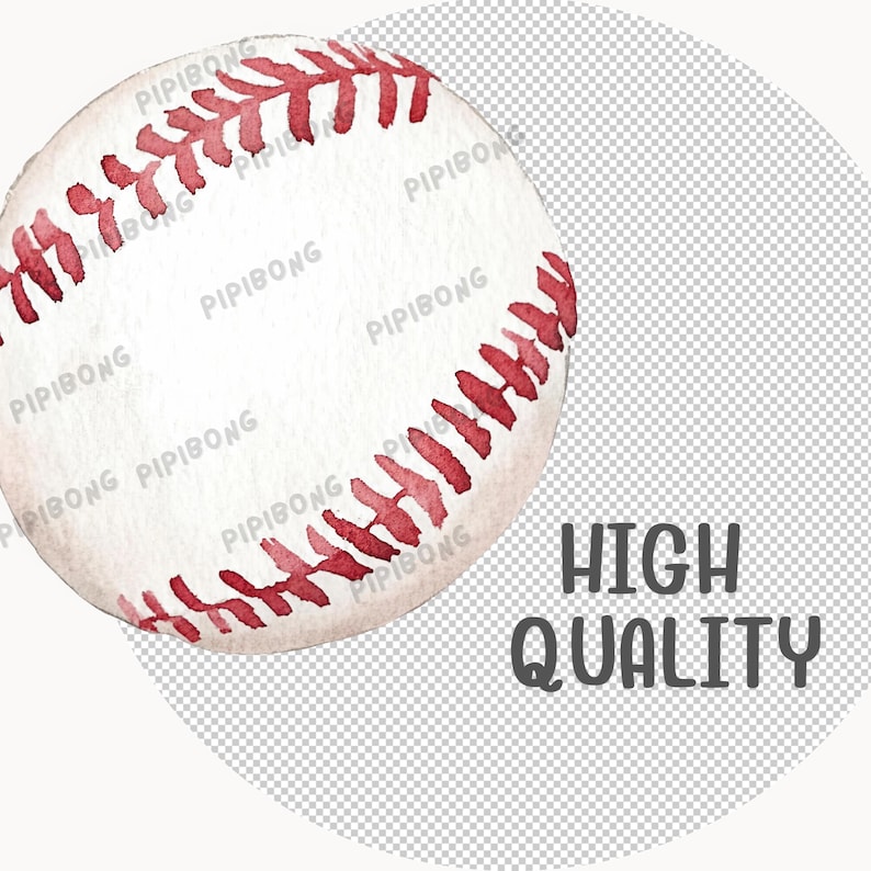 Op de afbeelding: Een witte honkbal met rode naden. De honkbal bevindt zich op een witte achtergrond met een transparante overlay. De tekst "HIGH QUALITY" staat in het zwart onder de honkbal.