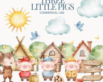 Three Little Pigs Clipart Watercolor clipart, 3 Little pigs, Nursery Decor, cute Three little Pigs, Kid art, big bad wolf, cute pigs clipart