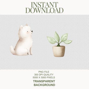 May include: A white cartoon dog sitting and looking to the right, next to a potted green plant with a beige pot.  The background is transparent.