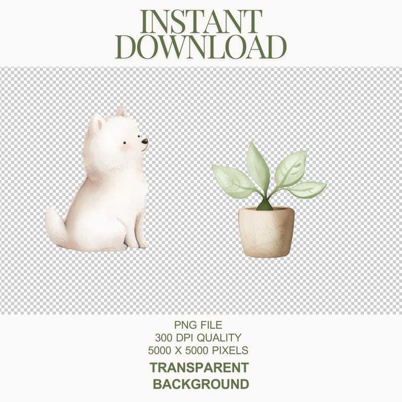 May include: A white cartoon dog sitting and looking to the right, next to a potted green plant with a beige pot.  The background is transparent.