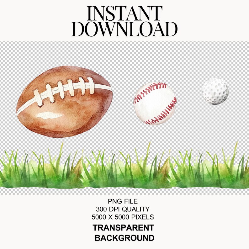 Op de afbeelding: Een aquarel-illustratie van een voetbal, honkbal en golfbal op een groene gras achtergrond. De ballen zijn allemaal scherp en de achtergrond is licht wazig. De afbeelding is een PNG-bestand met een transparante achtergrond.