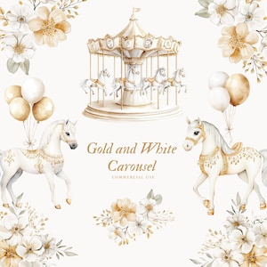 Aquarell Karussell Clipart - Pony Clipart, Karussell in Gold und Weiß, Aquarell - Gold Details, Karussell Scrapbooking Clipart