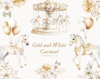 Clipart aquarel carrousel - pony clipart, goud en wit carrousel, aquarel - gouden details, witte pony, carrousel scrapbooking clipart