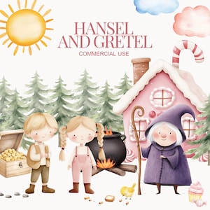 Hans en Grietje Leuke aquarel clipart, sprookje, gebroeders Grimm, Duits sprookje, heks, snoep, decor kinderkamer, kinderkunst, kinderverhalen