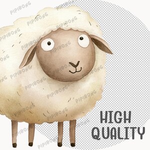 Puede incluir: Una ilustraci&oacute;n de acuarela de una oveja linda con ojos marrones y una nariz marr&oacute;n. La oveja est&aacute; de pie sobre cuatro patas y tiene un abrigo blanco y esponjoso.