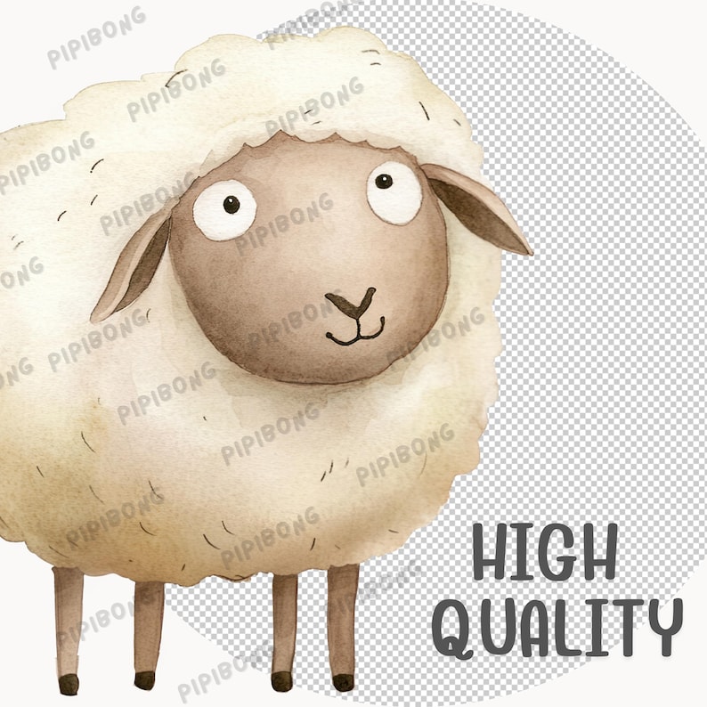 Puede incluir: Una ilustraci&oacute;n de acuarela de una oveja linda con ojos marrones y una nariz marr&oacute;n. La oveja est&aacute; de pie sobre cuatro patas y tiene un abrigo blanco y esponjoso.