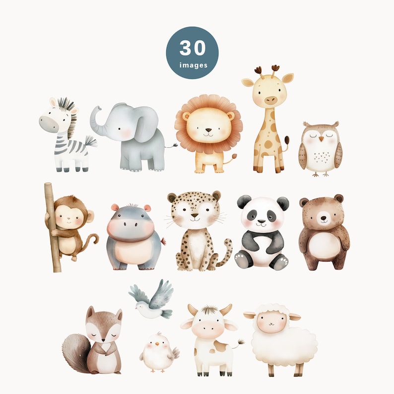 May include: A set of 30 watercolor illustrations of various animals, including a zebra, elephant, lion, giraffe, owl, monkey, hippopotamus, leopard, panda, bear, squirrel, bird, cow, and sheep. The illustrations are in a cartoon style and are perfect for use in children's books, greeting cards, or other creative projects.