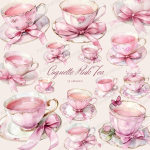 Clipart di tè rosa ad acquerello, tazze da tè rosa Coquette, tè Coquette, clip art di tè da giardino, grafica PNG, download immediato per uso commerciale
