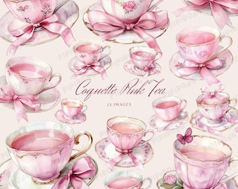 水彩ピンクのティークリップアートセット：花柄ティーパーティー
