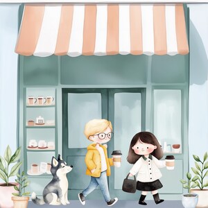 May include: A cartoon illustration of a couple with a dog standing outside a shop with a striped awning. The man is wearing a yellow jacket and glasses, the woman is wearing a white jacket and a black skirt, and the dog is a black and white husky.
